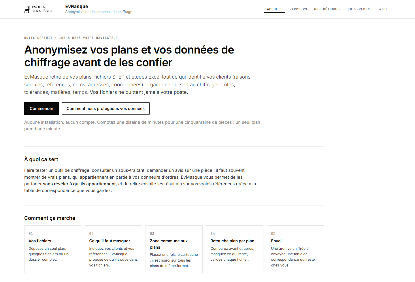 Page d'accueil d'EvMasque : présentation de l'outil, bouton Commencer et lien vers les méthodes de protection des données