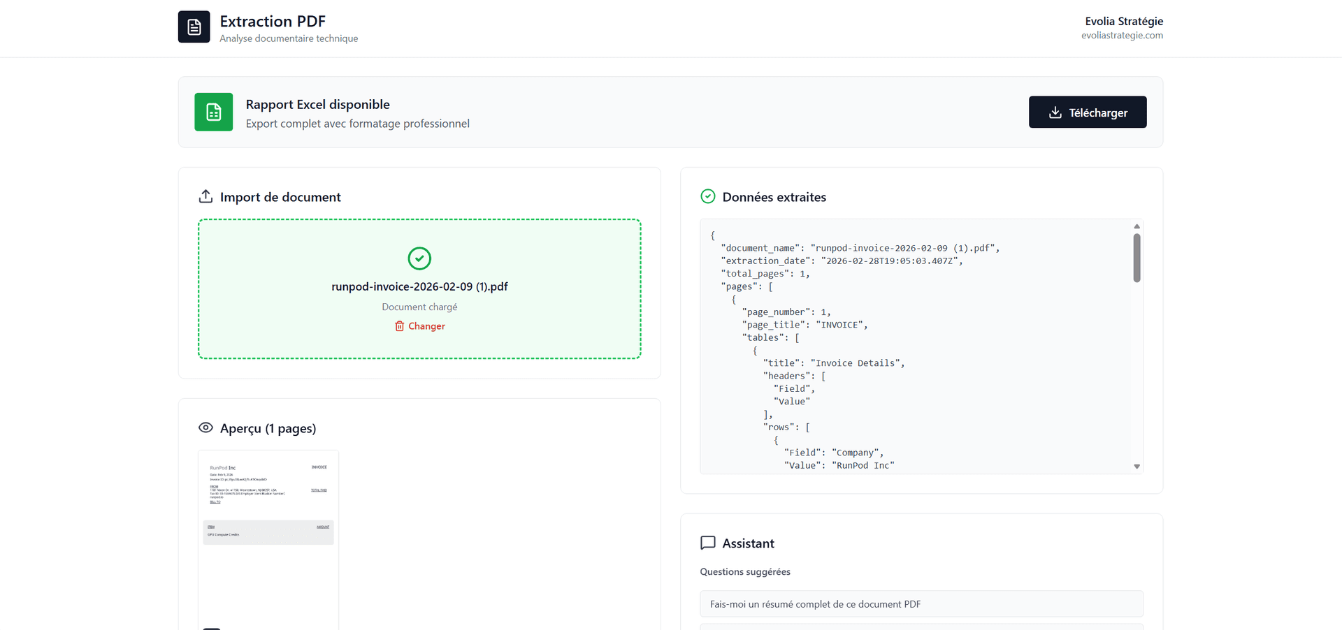 Interface OCR extraction automatique Evolia Stratégie