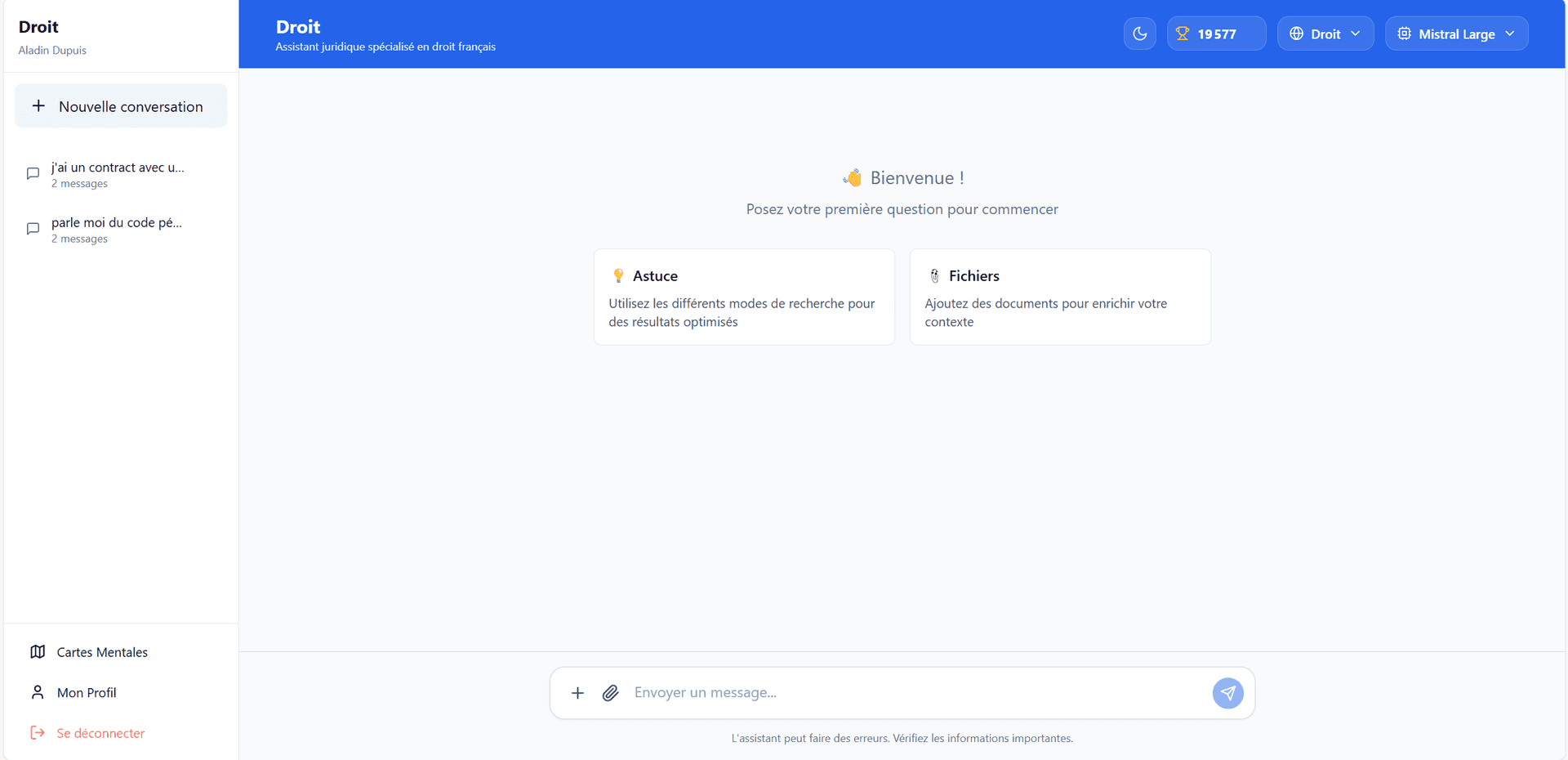 Interface du chatbot conversationnel Thalia